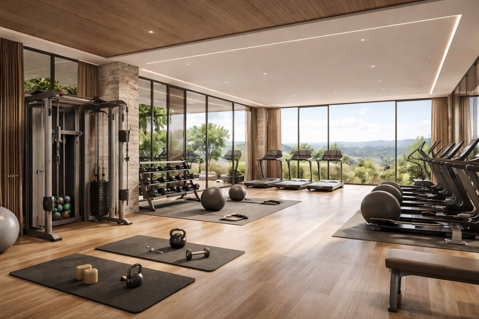 Luxury apartment gym fitness centre Nairobi Kenya — floor-to-ceiling glazing, panoramic views, premium equipment, designed by Aalis Studios