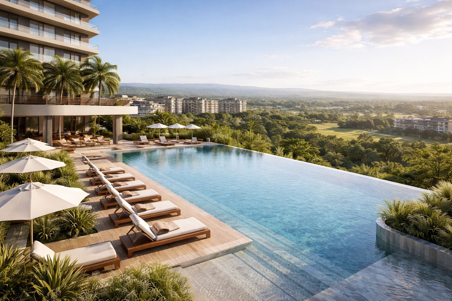 Luxury apartment development in Nairobi Kenya — infinity pool, tropical landscaping, high-rise residential tower designed by Aalis Studios
