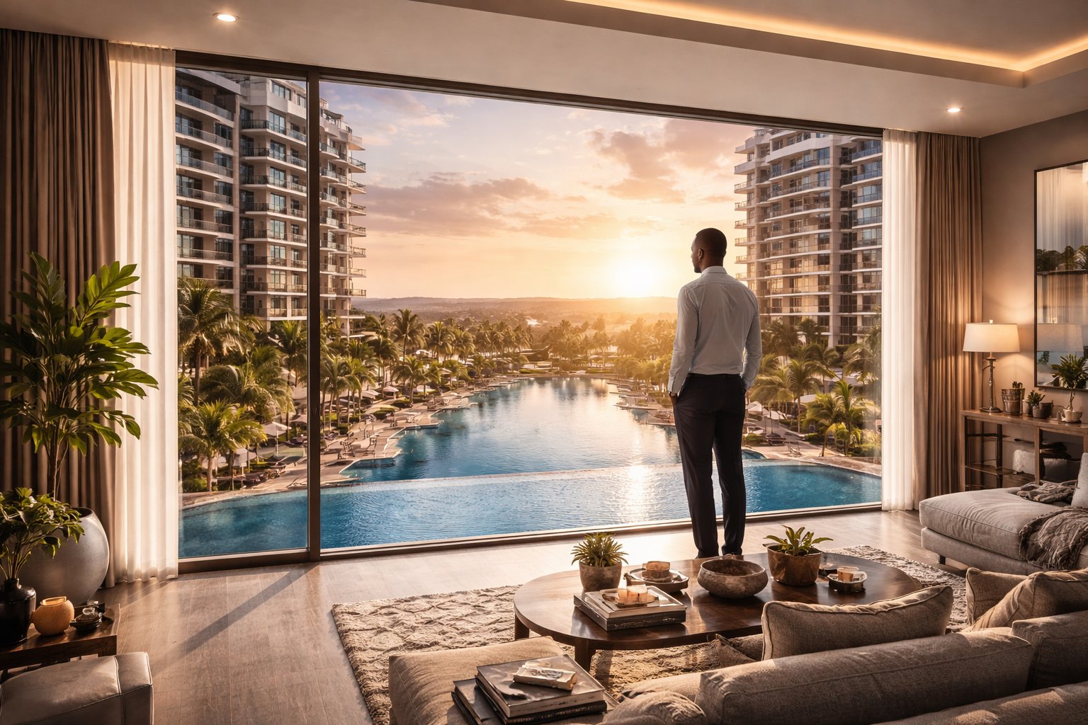 Modern apartment interior Nairobi Kenya — open plan living room with panoramic pool view, contemporary furniture, sunset light, Aalis Studios interior design