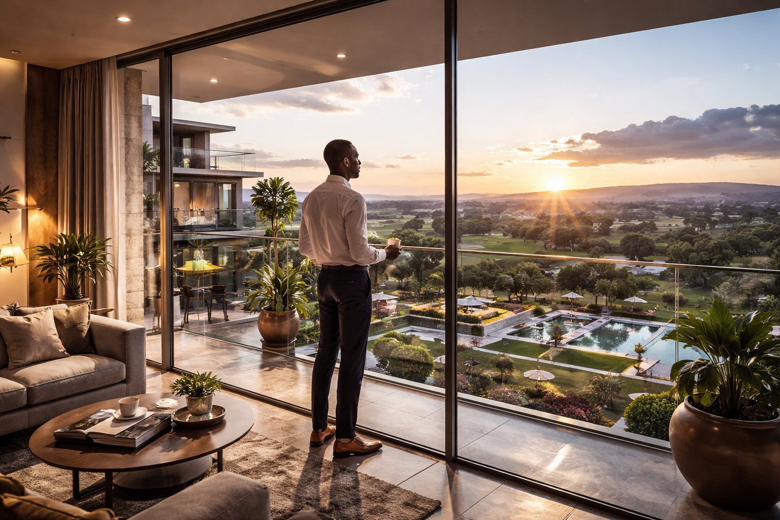 Luxury apartment interior design Nairobi Kenya — spacious living room with floor-to-ceiling glazing, pool and garden view at sunset, Aalis Studios