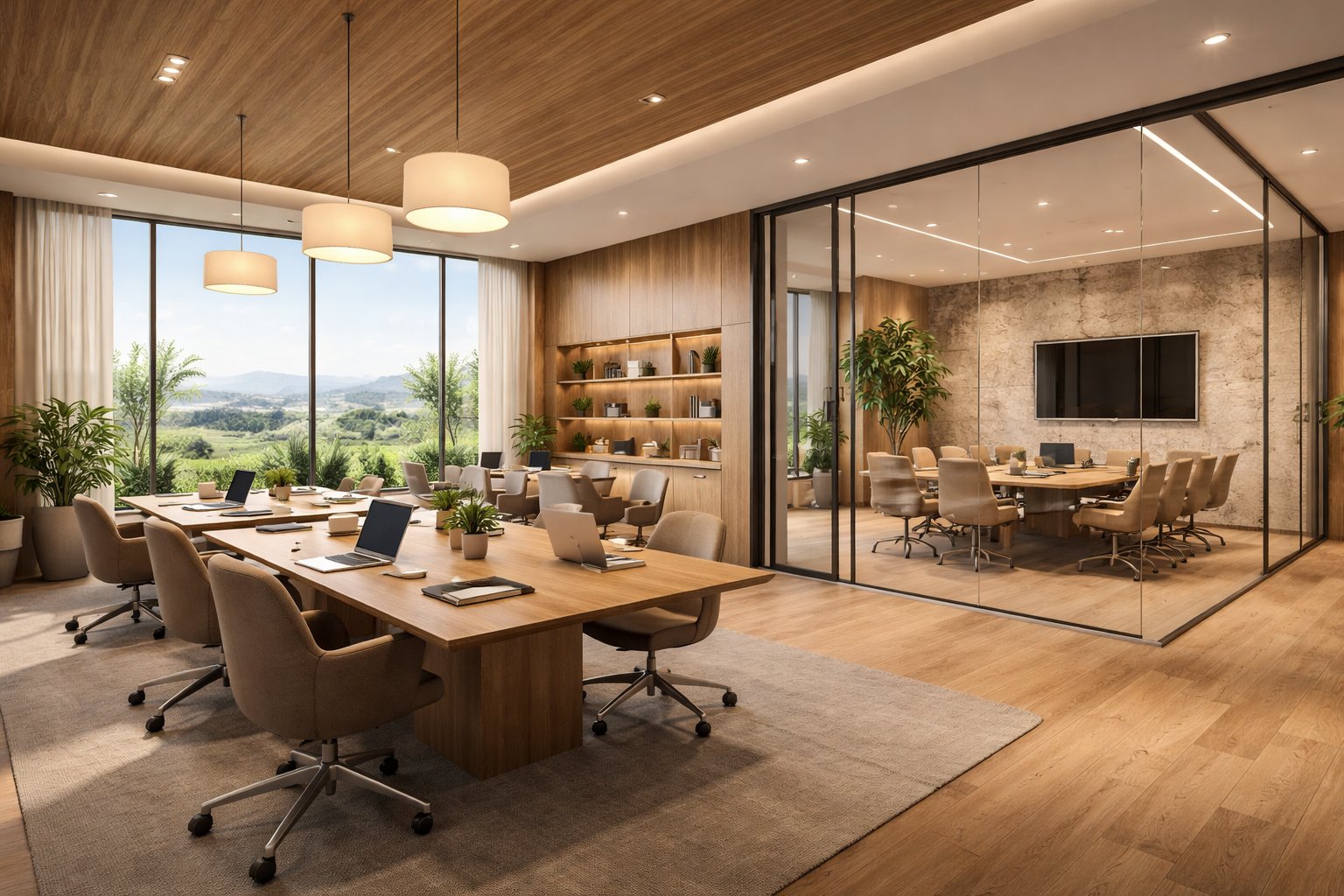 Apartment co-working space business lounge Nairobi Kenya — warm timber interiors, meeting rooms, biophilic design by Aalis Studios