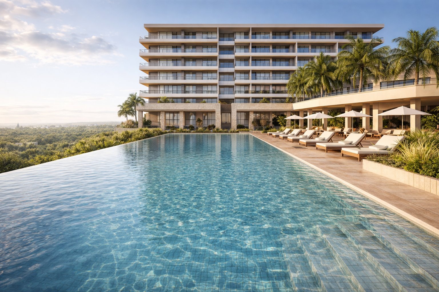 Modern apartment building in Nairobi Kenya — contemporary architecture, infinity pool, tropical landscaping, designed by Aalis Studios