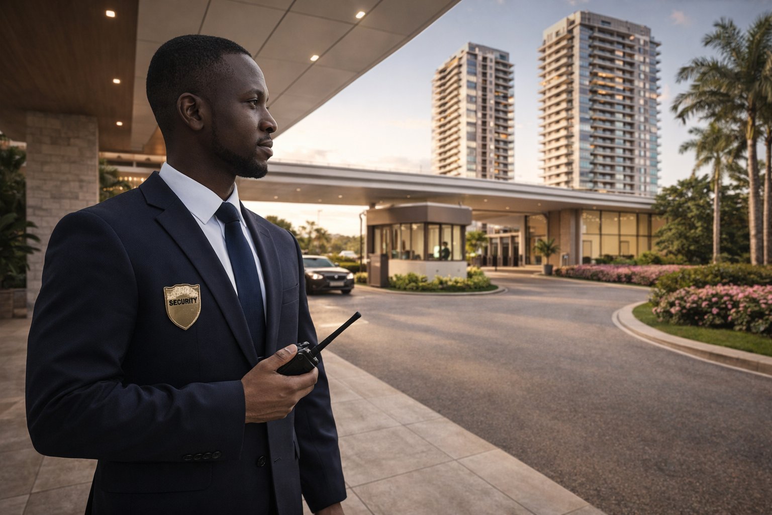 Luxury apartment development entrance security guard Nairobi Kenya — professionally designed entrance gatehouse, high-rise towers background, Aalis Studios