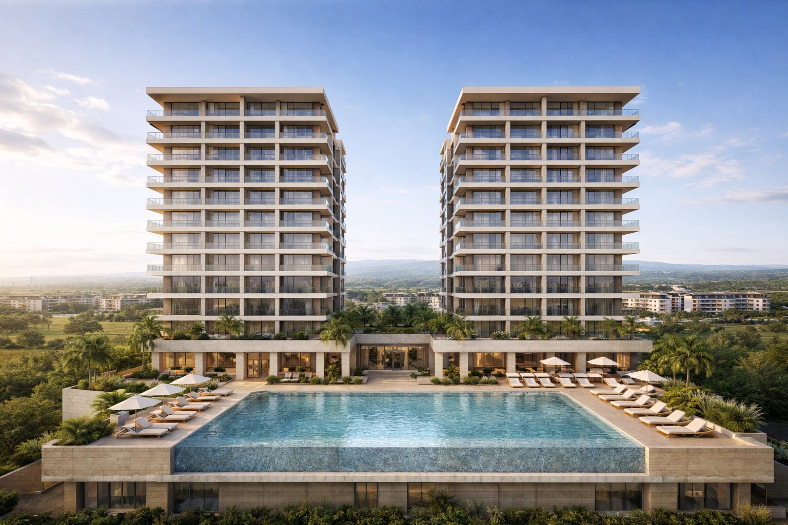 Luxury apartment twin towers Nairobi Kenya — resort-style pool deck, high-rise residential design by Aalis Studios