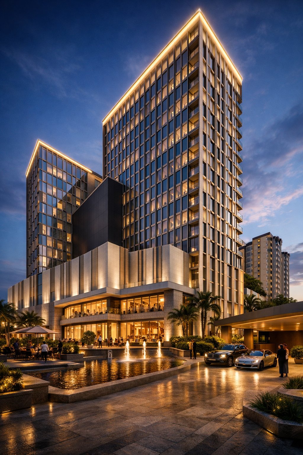 Commercial building complex Nairobi at night with water feature and illuminated lobby — mixed-use commercial architecture
