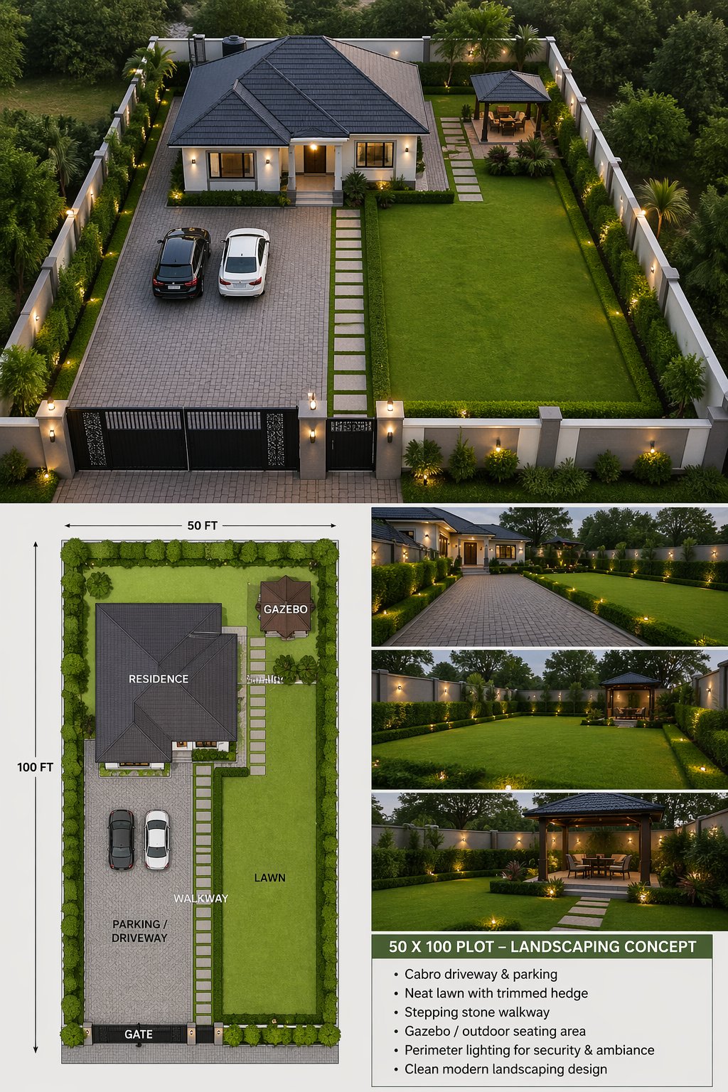 Well-landscaped 50x100 plot compound in Nairobi Kenya with cabro paving driveway central lawn live hedge and ornamental border planting