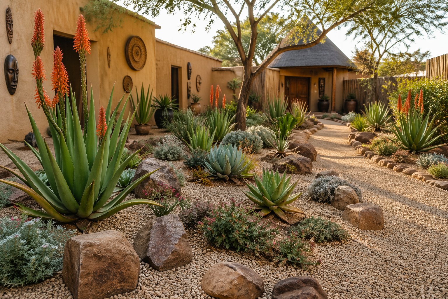 African native xeriscaping compound design in Kenya with aloe vera succulents indigenous shrubs and gravel mulching — low maintenance drought tolerant landscape