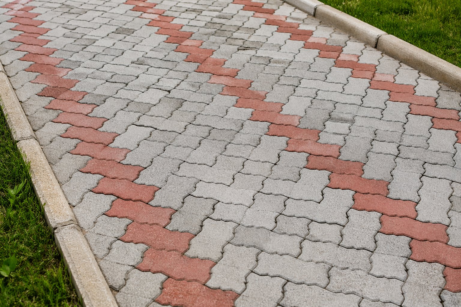Cabro block paving driveway in a Nairobi Kenya compound with grey and red interlocking blocks and planted grass borders — standard compound paving design