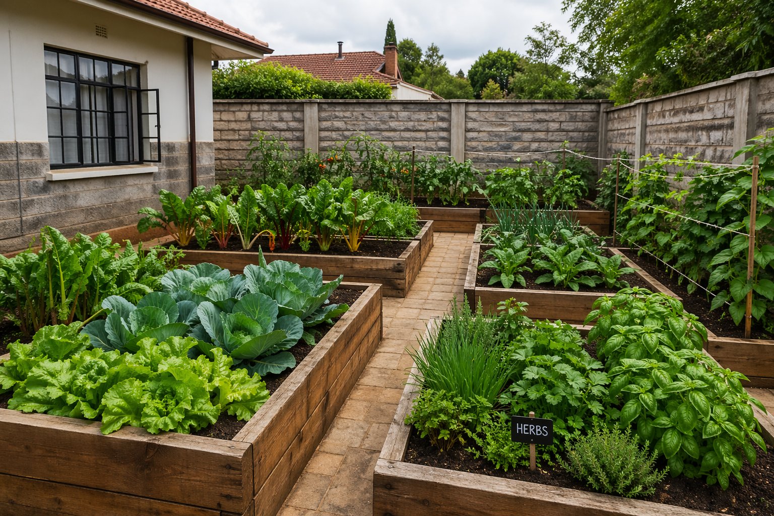 Edible kitchen garden compound design in Kenya with raised vegetable beds herbs passion fruit and ornamental planting integrated into residential landscaping