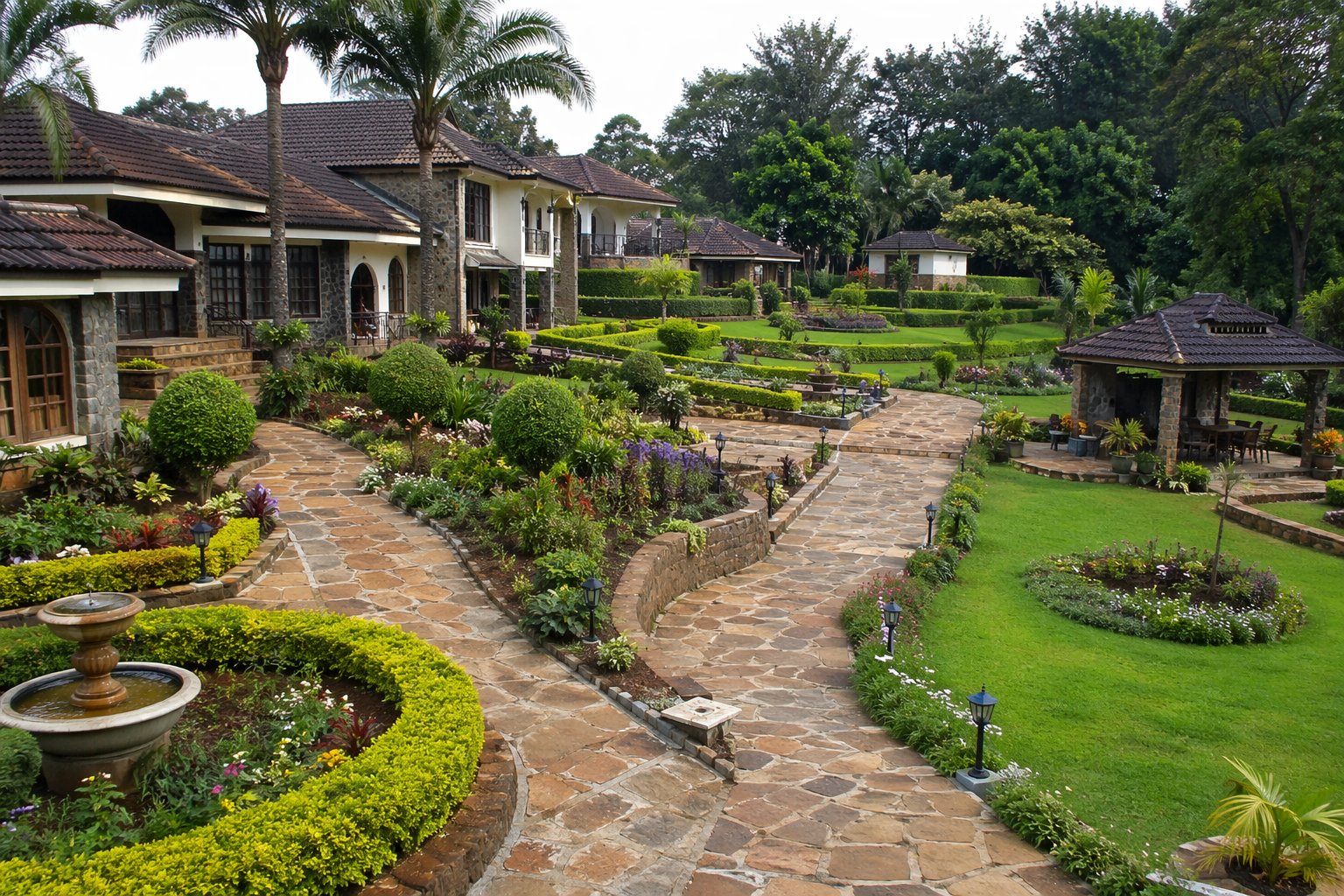 Large residential compound landscaping design in Kenya with multiple garden zones stone pathway lawn and mature trees — Karen Runda estate garden