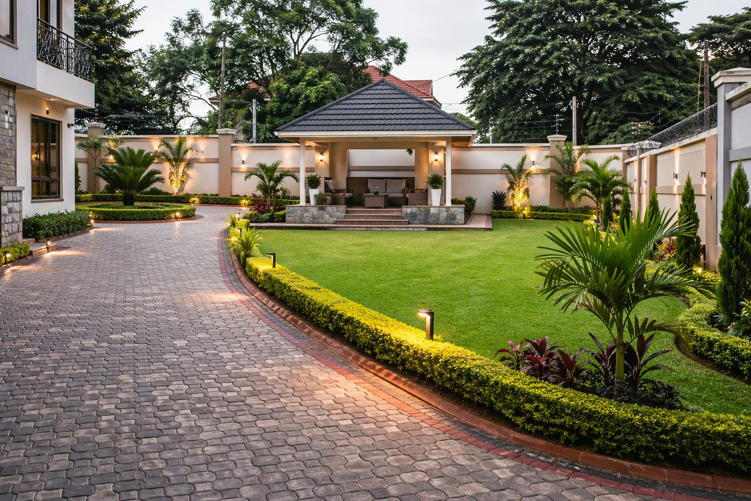 Modern compound landscaping design with cabro paving driveway central lawn gazebo and ornamental planting in a Nairobi Kenya residential home — Aalis Studios 2026
