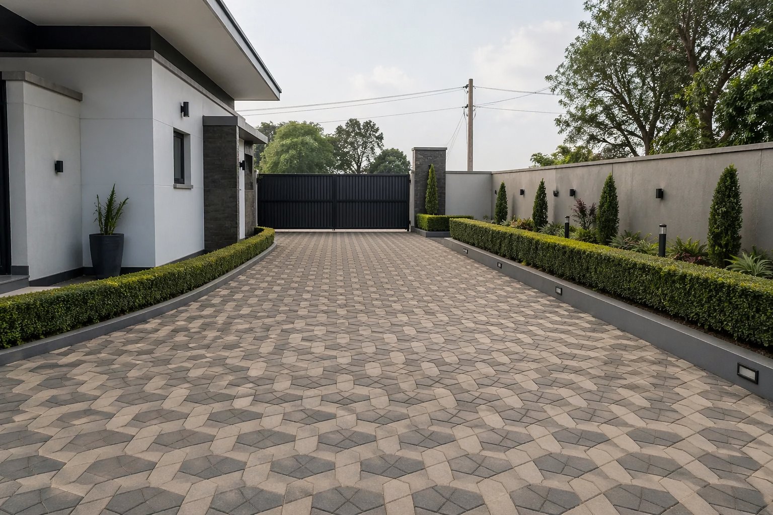 Modern minimalist compound landscaping design with geometric cabro paving patterns structured hedging and clean planting lines in Nairobi Kenya