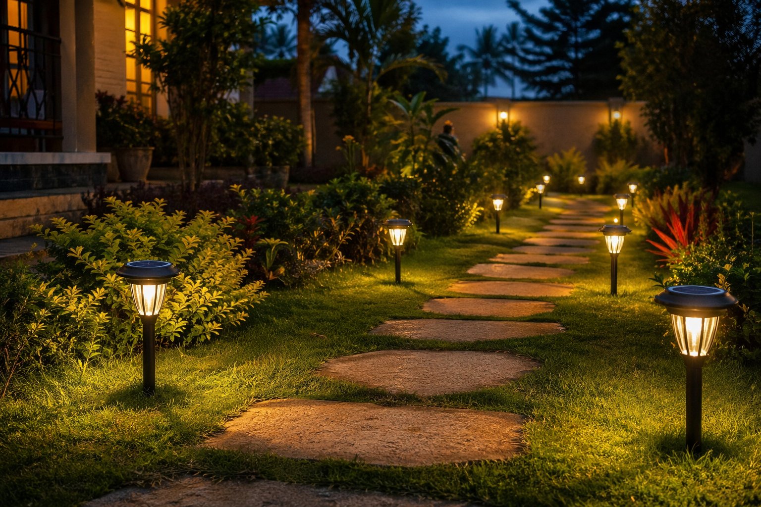 Solar pathway spike lights illuminating a stone garden path in a Nairobi Kenya compound at evening — low-cost outdoor lighting landscaping idea