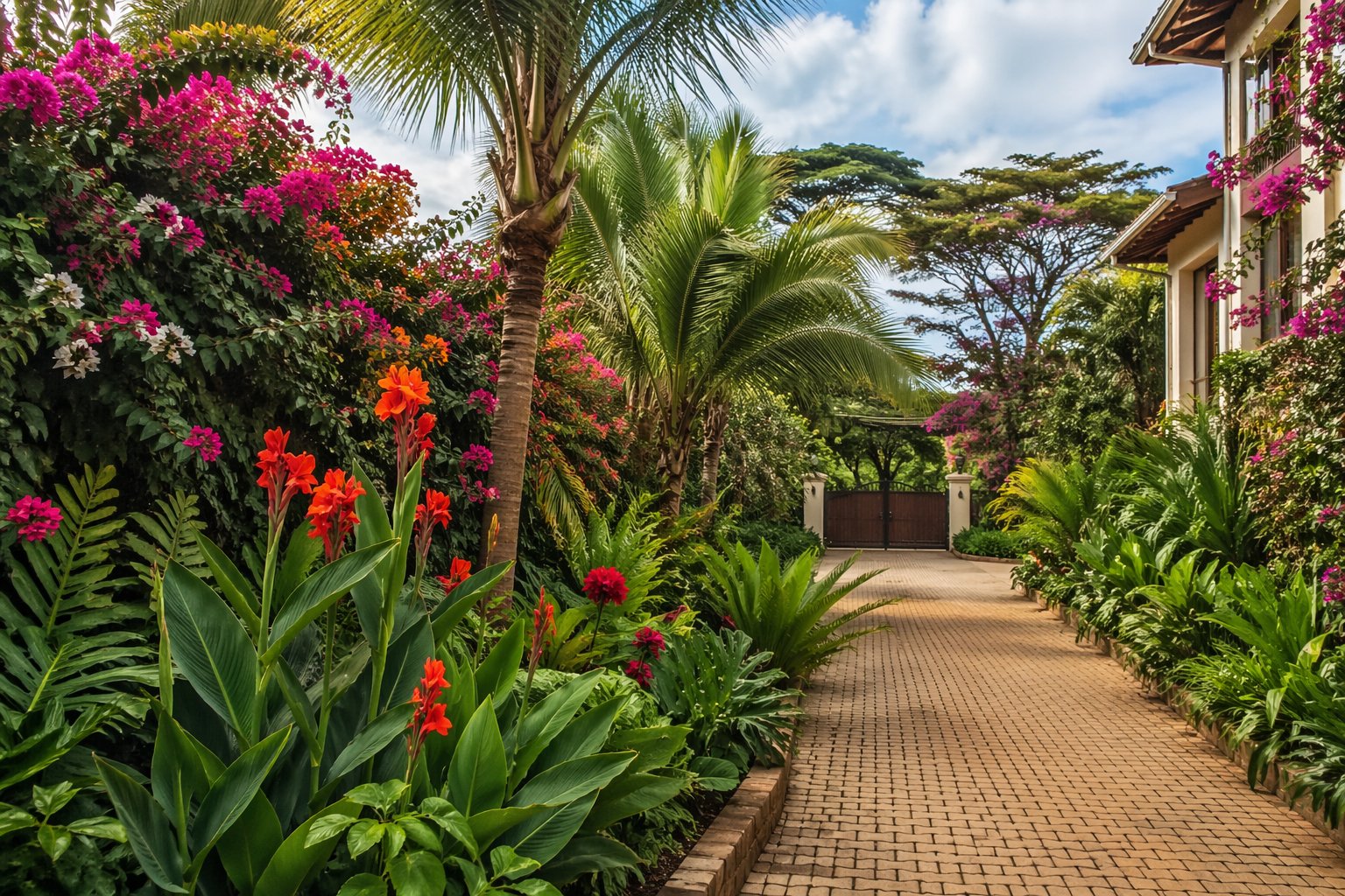 Tropical lush compound landscaping in Kenya with palms bougainvillea and layered planting creating a naturalistic resort feel in Nairobi garden