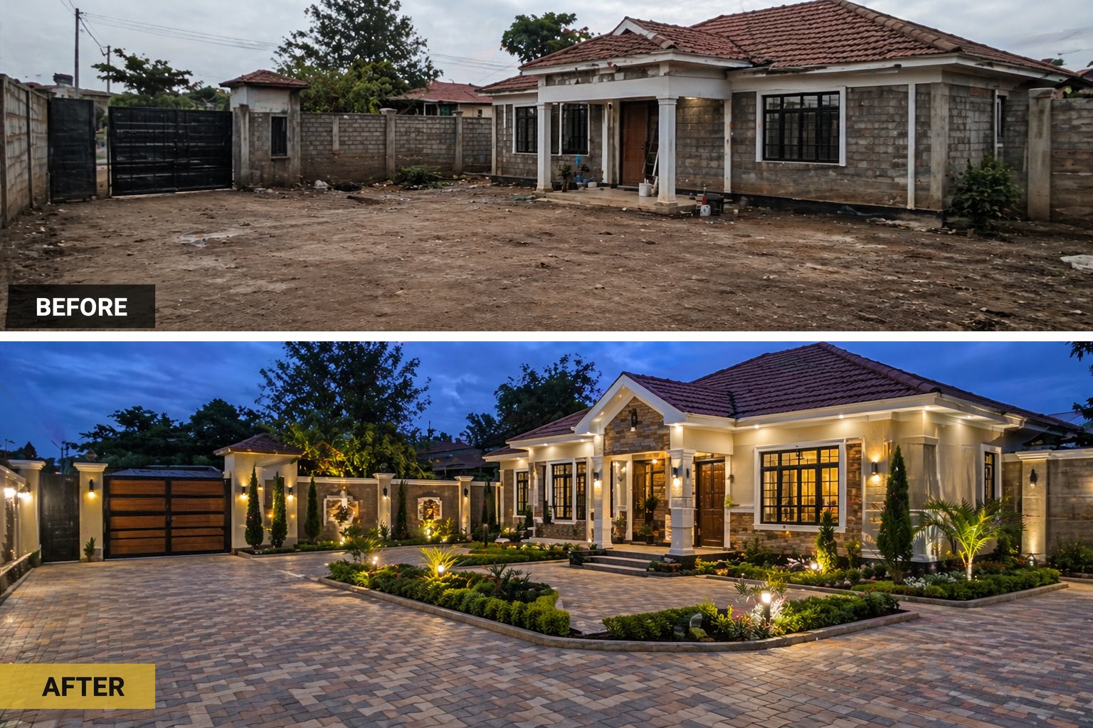 Before and after compound landscaping transformation in Nairobi Kenya showing a bare plot transformed into a beautifully landscaped residential compound
