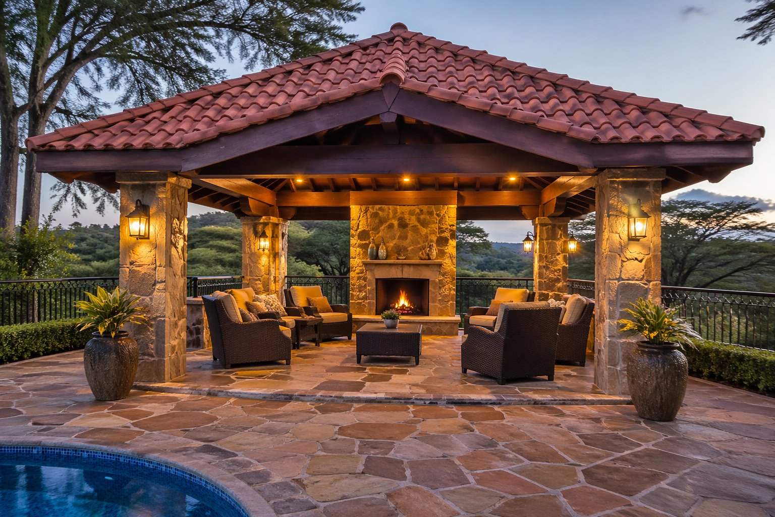 Luxury gazebo with red clay ceramic tile roof and stone column fireplace on a natural stone floor overlooking a scenic Kenya landscape