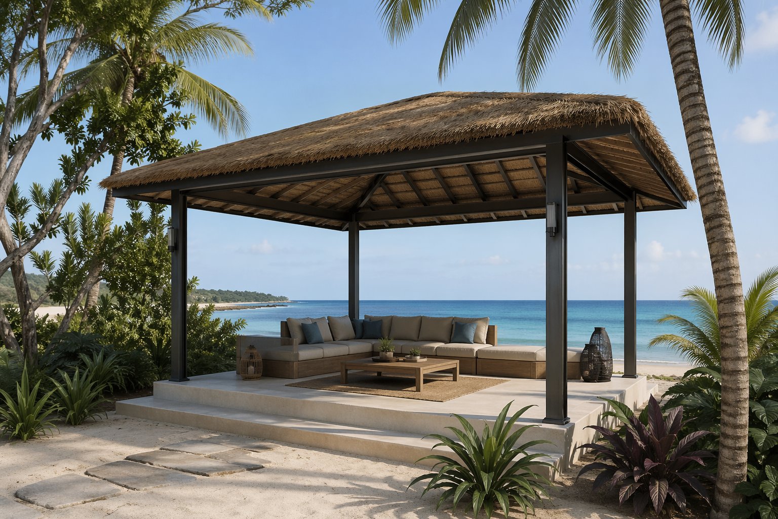 Open-sided coastal cabana gazebo with thatch roof and steel frame overlooking the ocean — Diani Kilifi coastal Kenya design