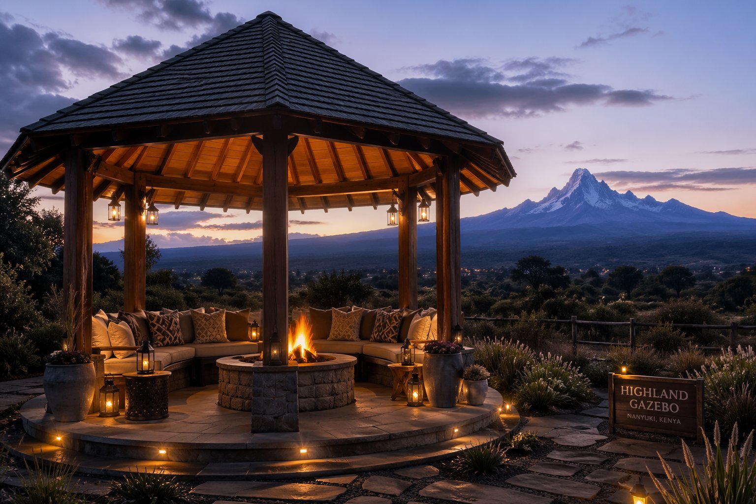 Octagonal highland gazebo with central fire pit, lantern lighting, and cushioned seating with Mount Kenya in the background at sunset — Nanyuki Airbnb Kenya