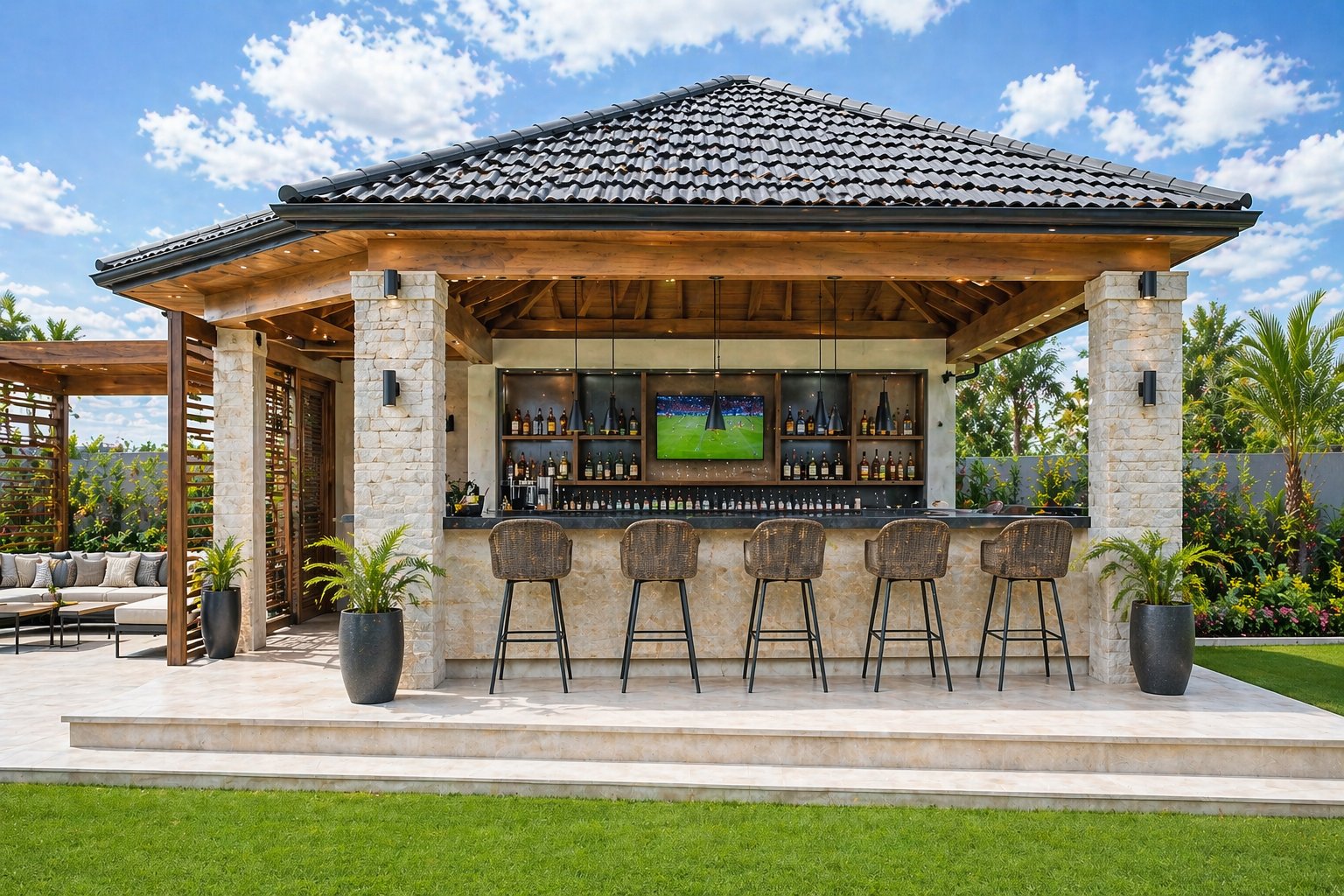 Premium outdoor bar gazebo with stone columns tiled bar counter and bar stools in a luxury Kenya compound — AALIS Studios outdoor bar design