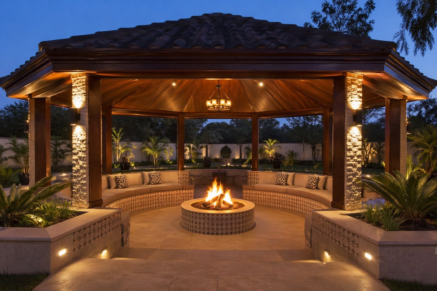 Luxury octagonal gazebo at night with central fire pit round built-in tiled seating chandelier and perimeter stone columns — premium Kenya residential compound
