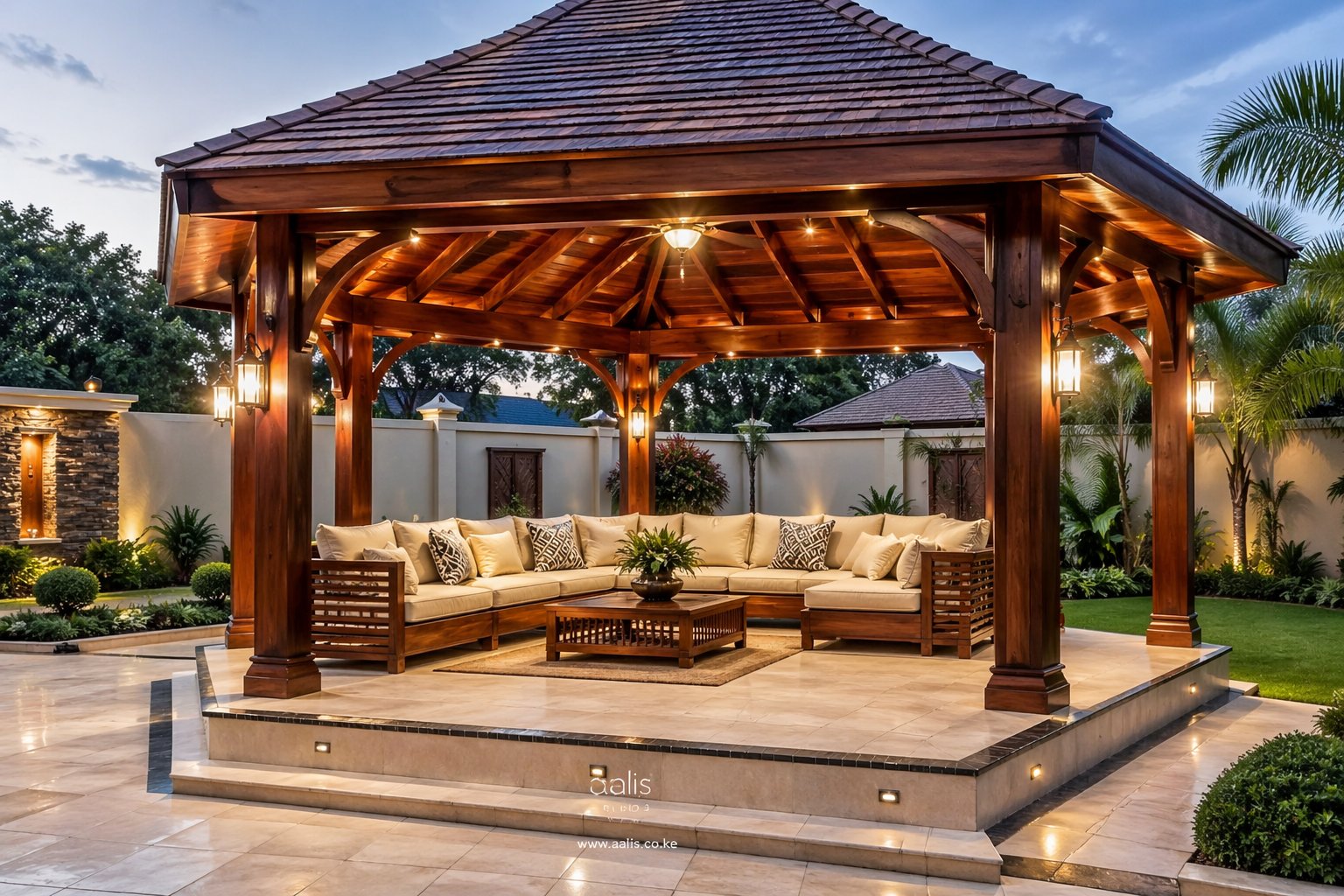 Luxury wooden gazebo with tiled floor and cushioned outdoor lounge furniture in a well-landscaped Nairobi Kenya residential compound — Aalis Studios design