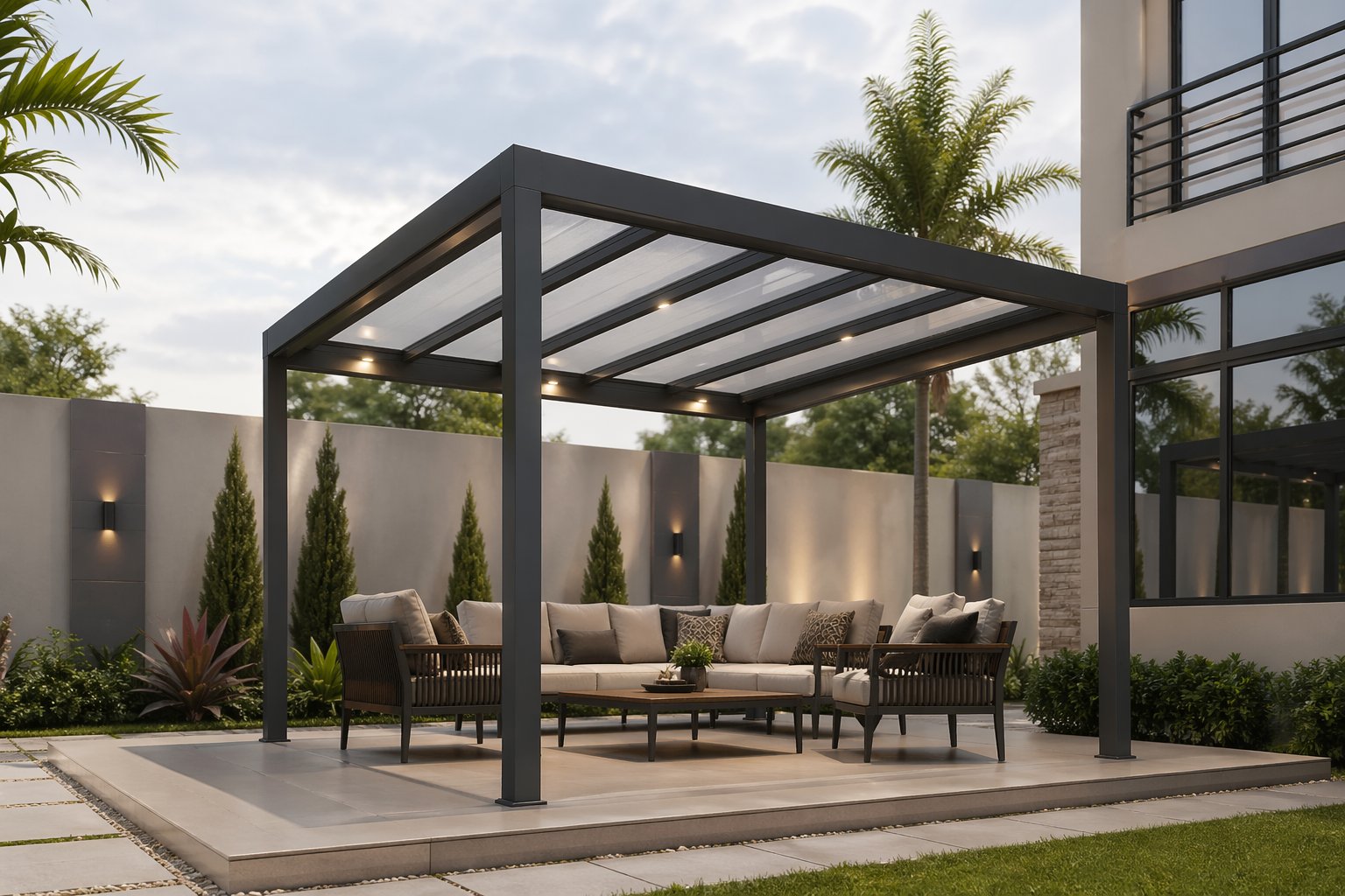 Modern steel-frame gazebo with polycarbonate roof and outdoor lounge seating in a contemporary Nairobi Kenya compound