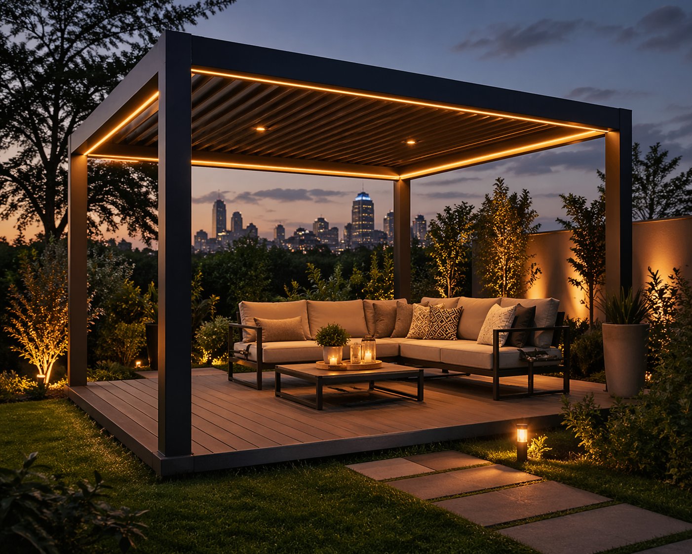 Modern steel-frame gazebo with warm evening LED lighting in a Nairobi Kenya residential garden — outdoor entertainment space at night