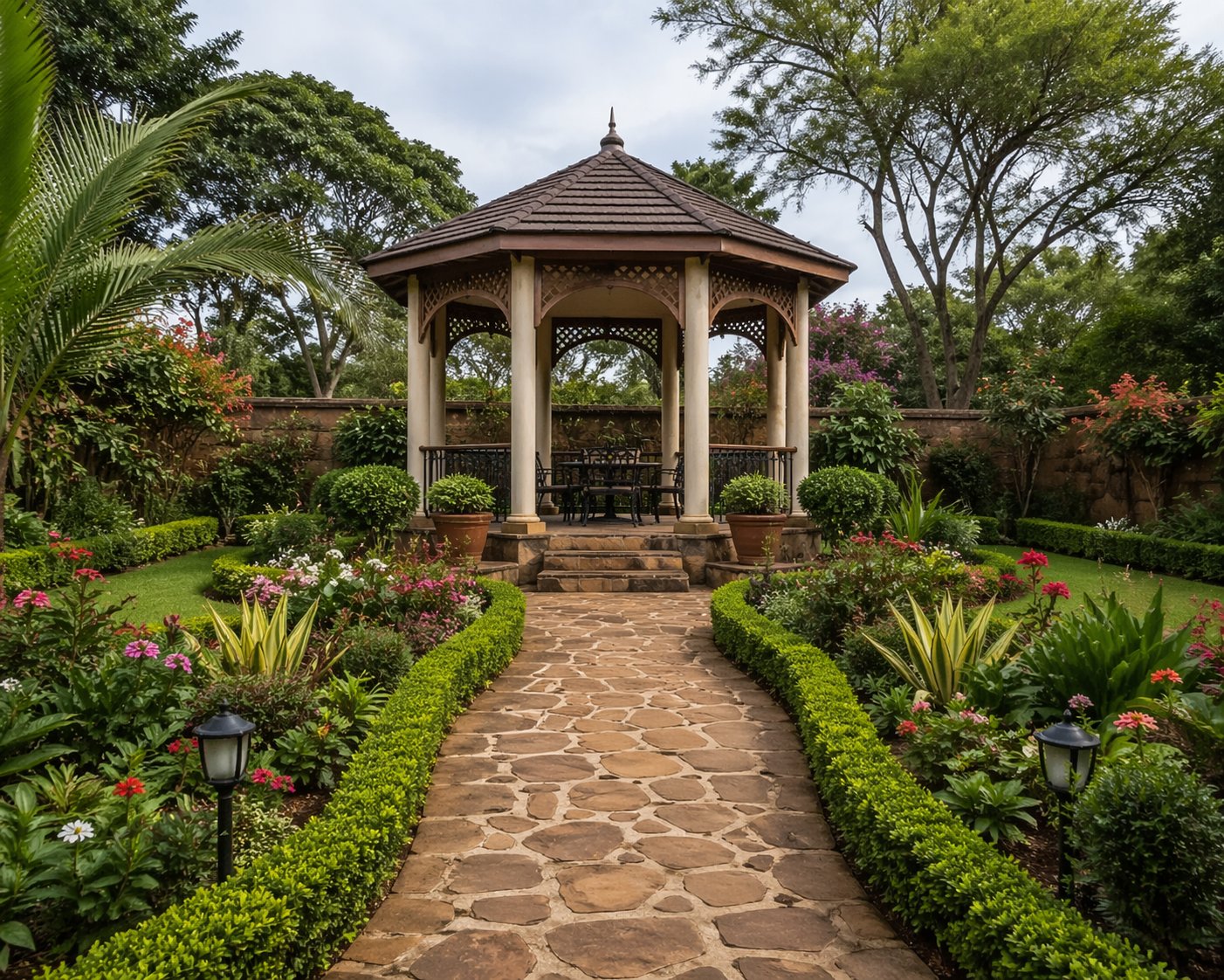 Octagonal garden centrepiece gazebo with stone pathway approach in a lush Nairobi Kenya residential compound