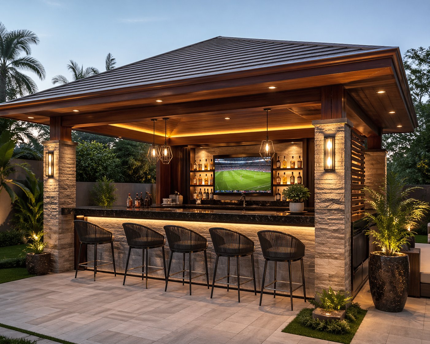 Premium outdoor bar gazebo with natural stone columns LED pendant lighting and bar stools at dusk in a Kenya residential compound