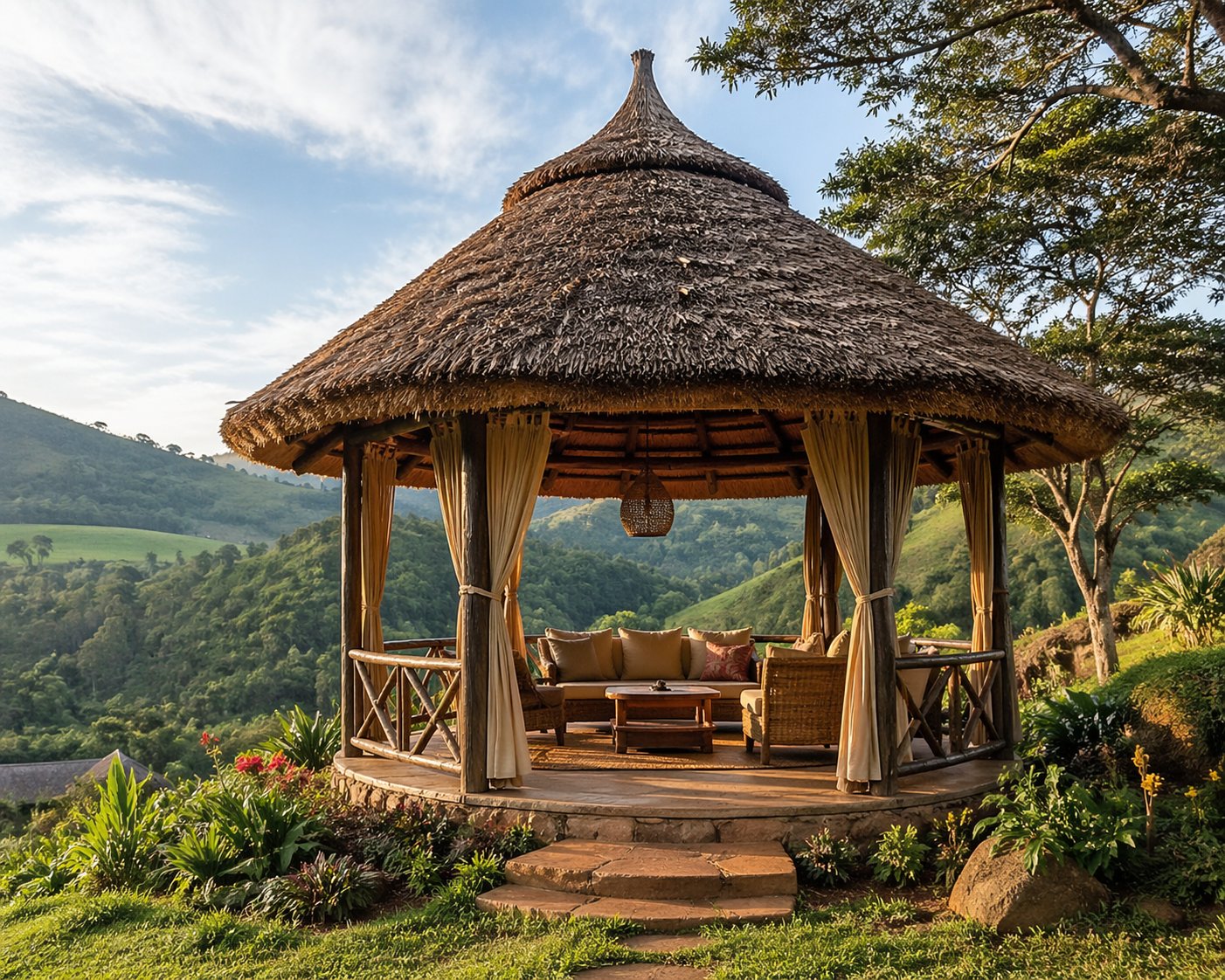 Octagonal thatch-roof gazebo with rustic timber frame and mountain views in Kenya highland Airbnb retreat setting