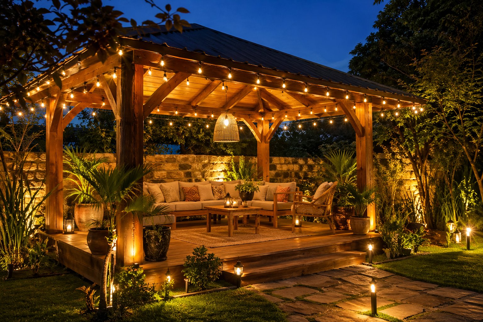 Timber gazebo with iron sheet roof and warm string lights on a raised timber deck with tropical plants and outdoor lounge furniture in Kenya