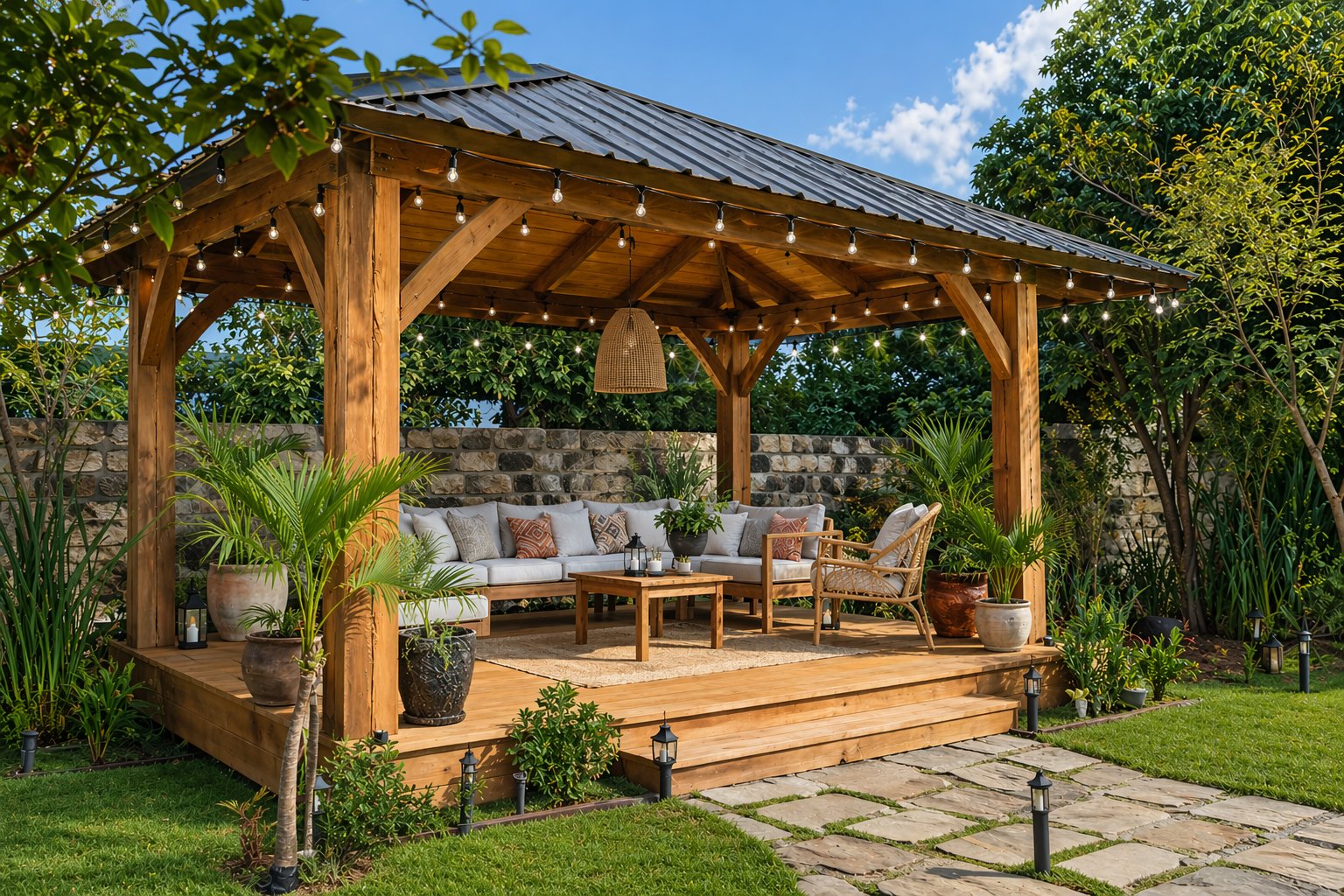 Timber gazebo with warm string lights and lanterns at night surrounded by tropical planting in a beautifully landscaped Kenya garden compound — AALIS Signature package