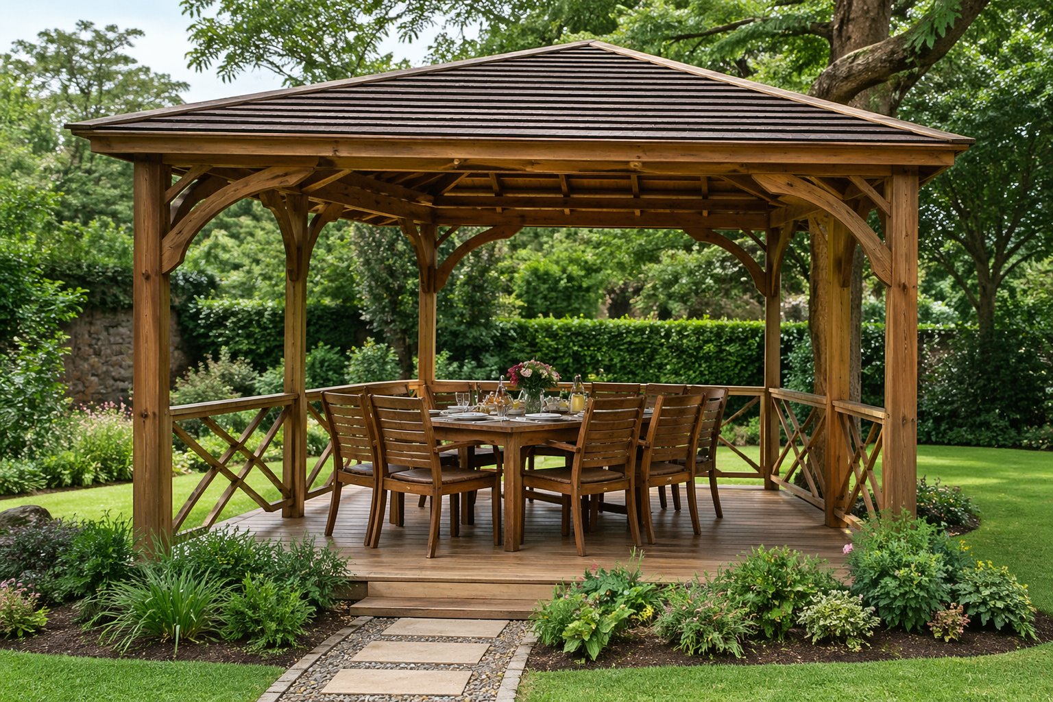 Timber gazebo with outdoor dining table and chairs in a landscaped compound in Kenya — family outdoor dining area in a Nairobi home