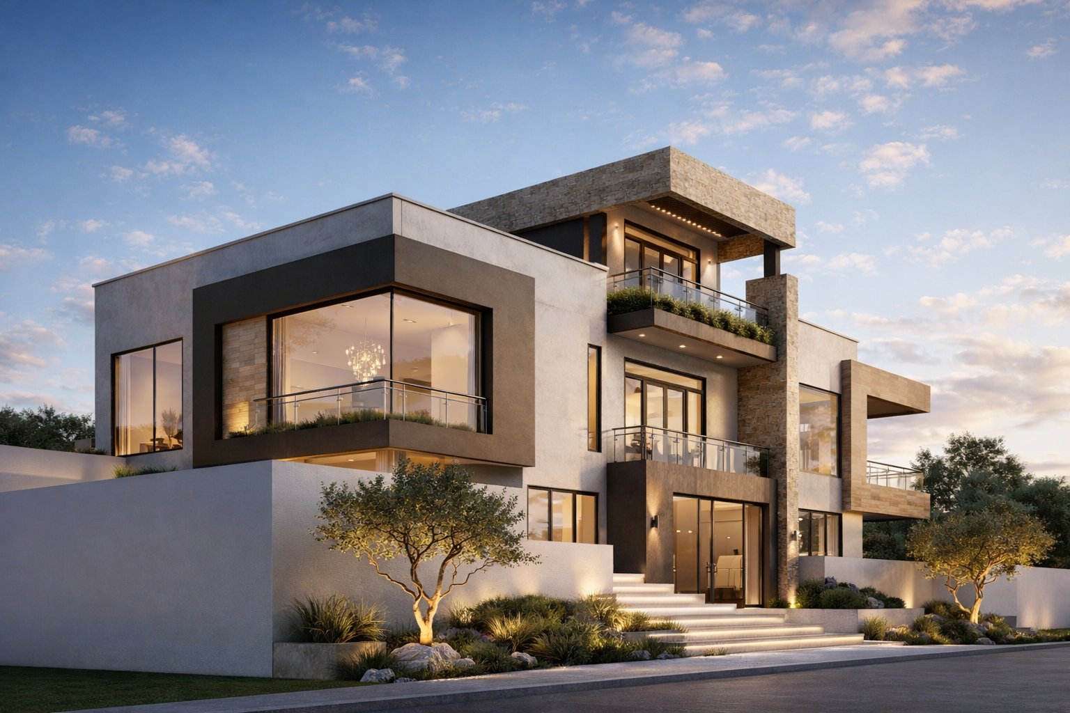 Grand 3-storey mansion Kenya exterior at dusk with glass balconies — luxury construction over KSh 20 million