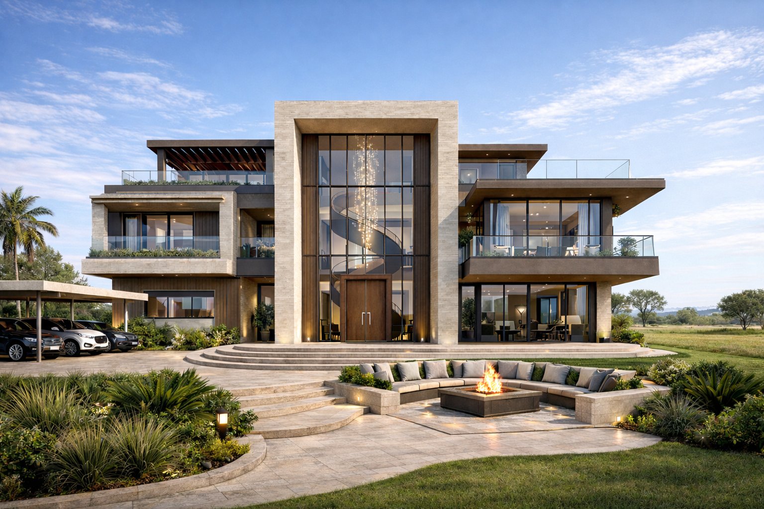 Grand mansion Kenya on a large plot with sunken fire pit seating and expansive grounds — luxury residential construction