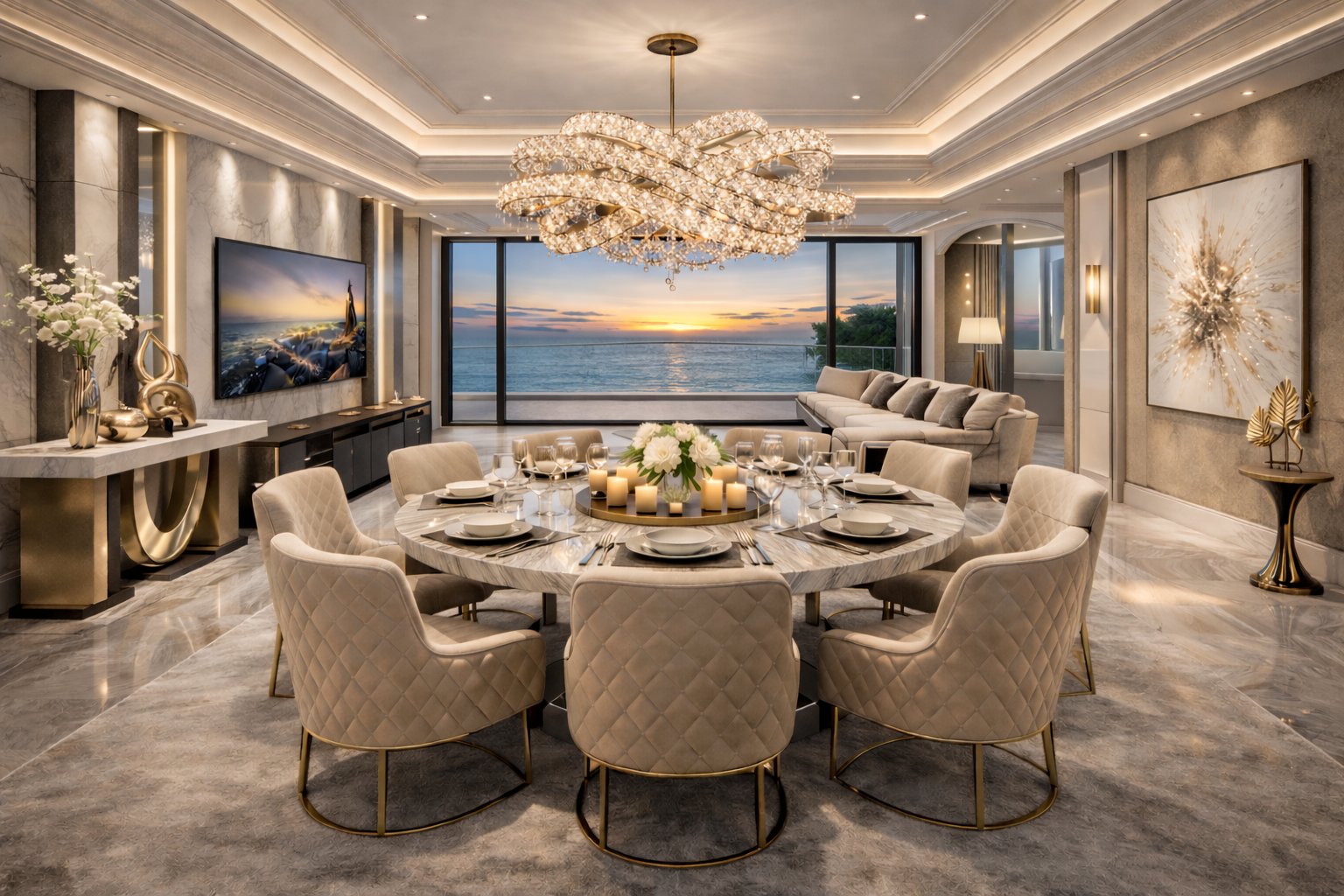 Luxury dining room interior design Kenya chandelier ocean view — Aalis Studios bespoke interiors