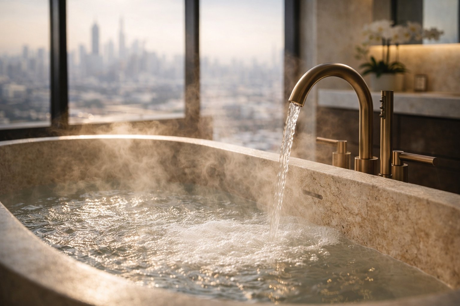 High-end en-suite bathroom with stone freestanding bath overlooking city skyline — luxury plumbing fixtures Kenya