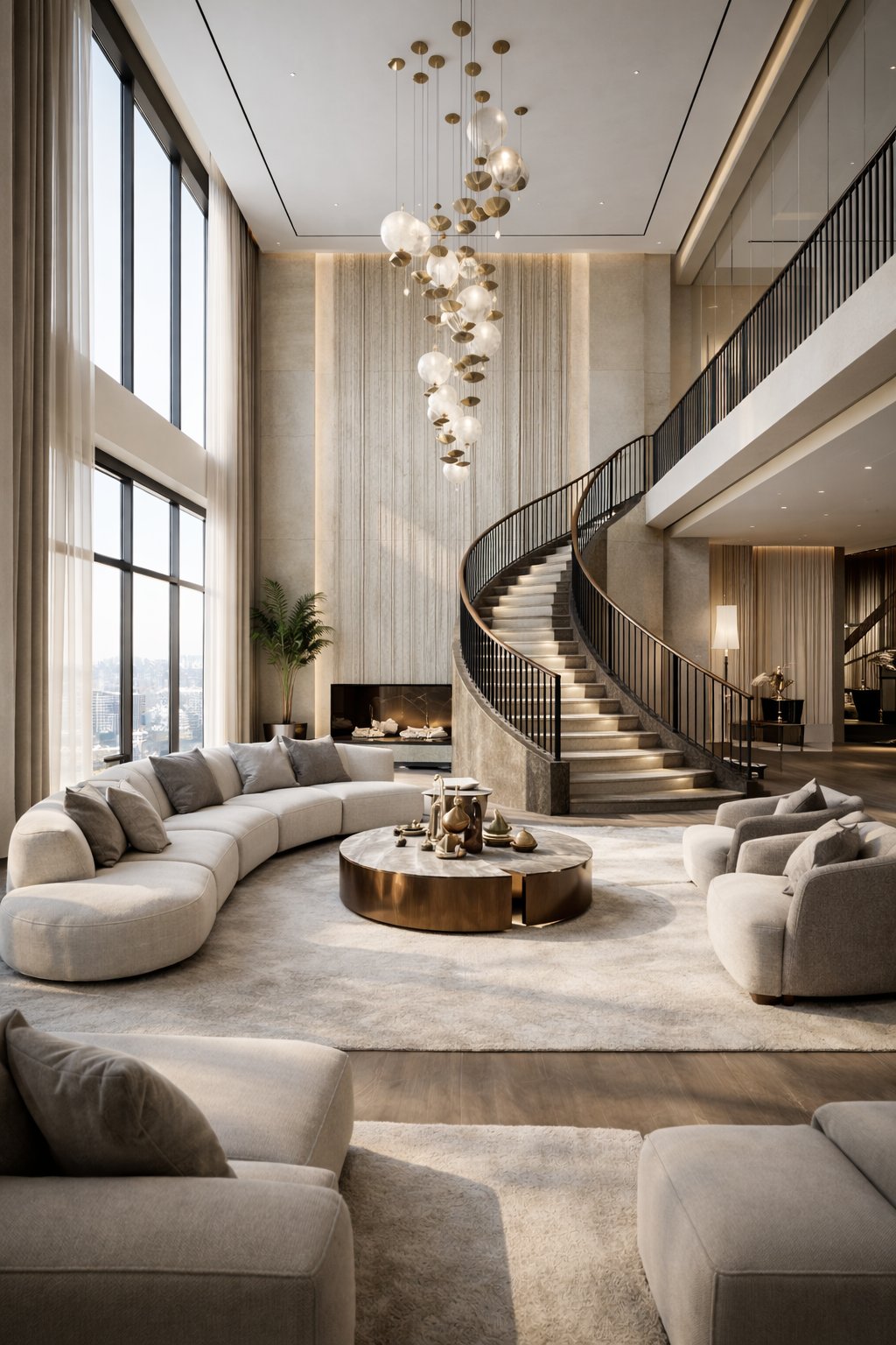 Luxury living room with curved spiral staircase and double-height ceilings — high-end residential finishes Kenya over KSh 90,000 per square metre
