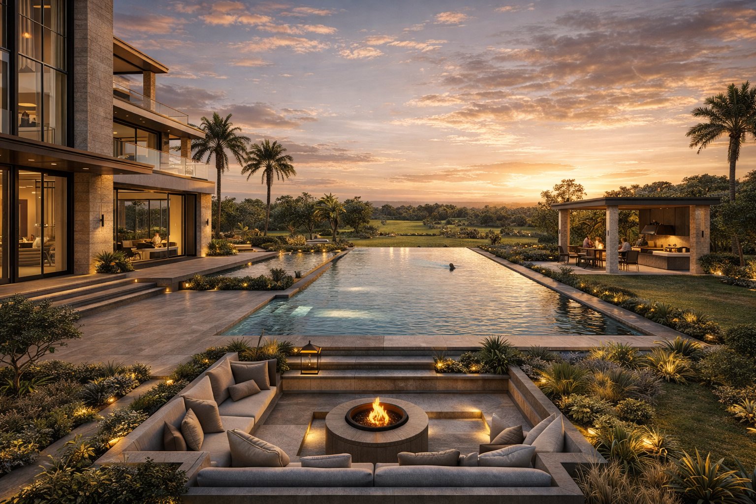 Award-winning luxury villa with infinity pool at sunset — Aalis Studios architecture Kenya