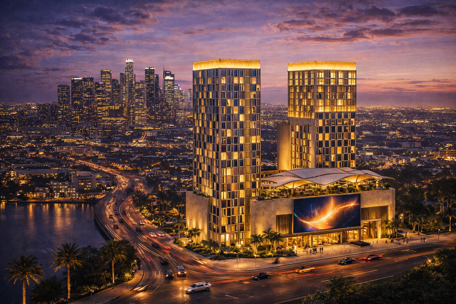 Mixed-use tower complex Nairobi nighttime aerial view with city backdrop — high-rise commercial architecture Kenya