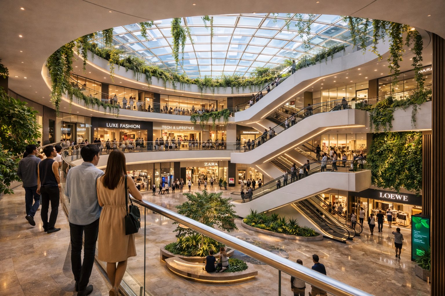 Modern retail mall interior Kenya with glass atrium multi-level shopping and green walls — commercial interior design Nairobi