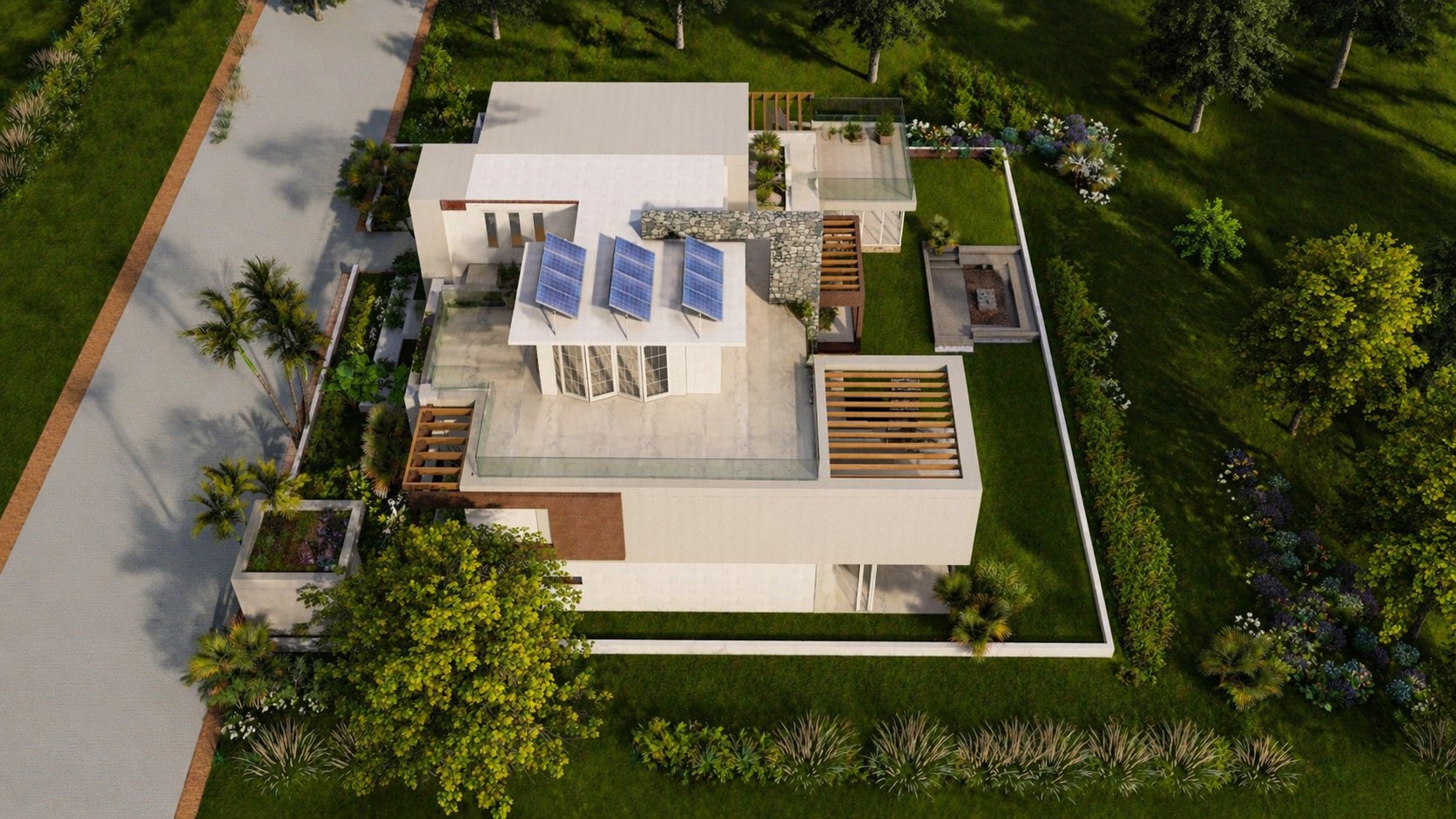 Aerial render of Aalis Studios luxury Kenya mansion — rooftop solar panels, multi-level terraces, and landscaped grounds