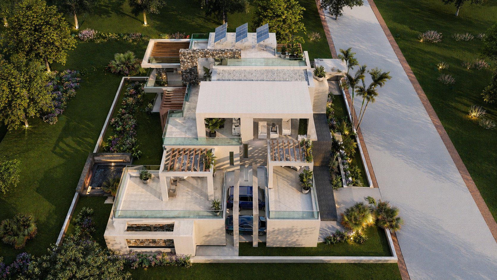 Aerial render of Aalis Studios luxury Kenya mansion — pool terrace, driveway, and full site landscape from above at dusk