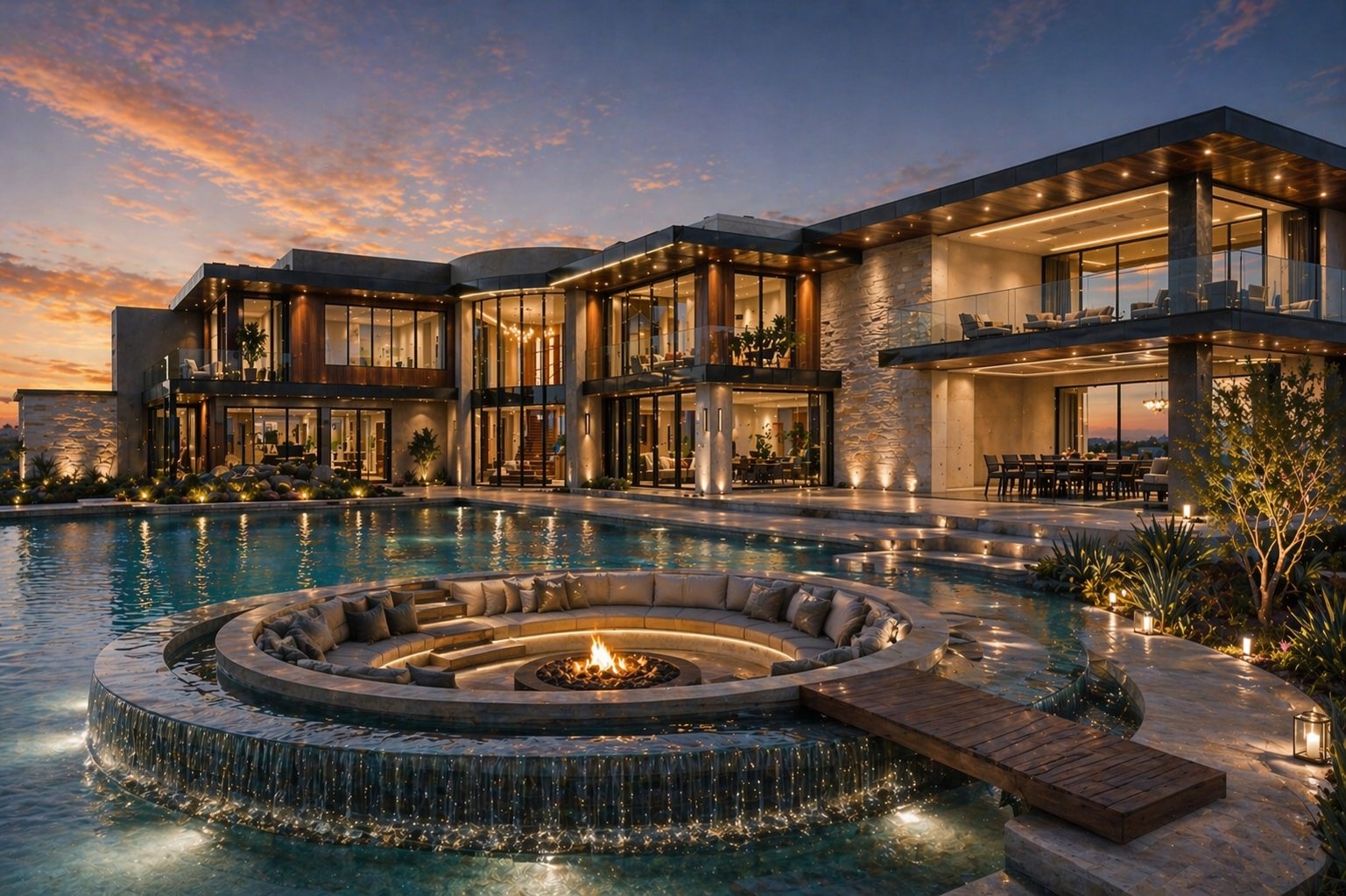 Aalis Studios luxury Kenya home bird's-eye aerial render — full compound with pool, rooftop terrace, and mature landscaping