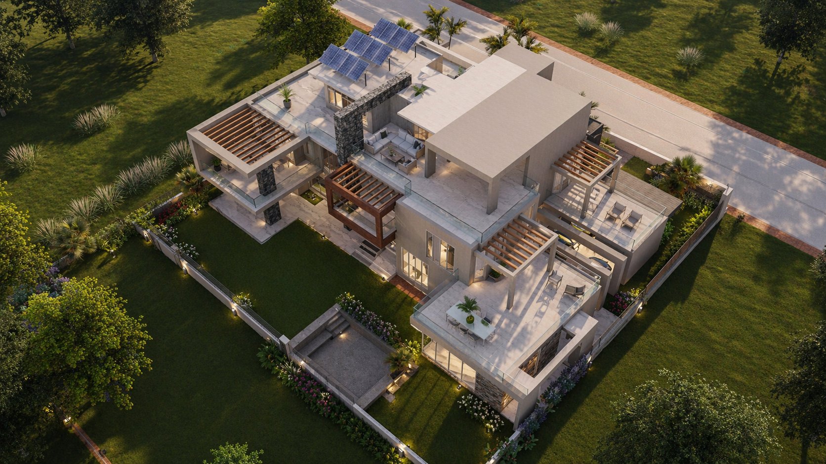Close-up elevation of Aalis Studios luxury Kenya home — glass balustrades and louvred timber sunshades