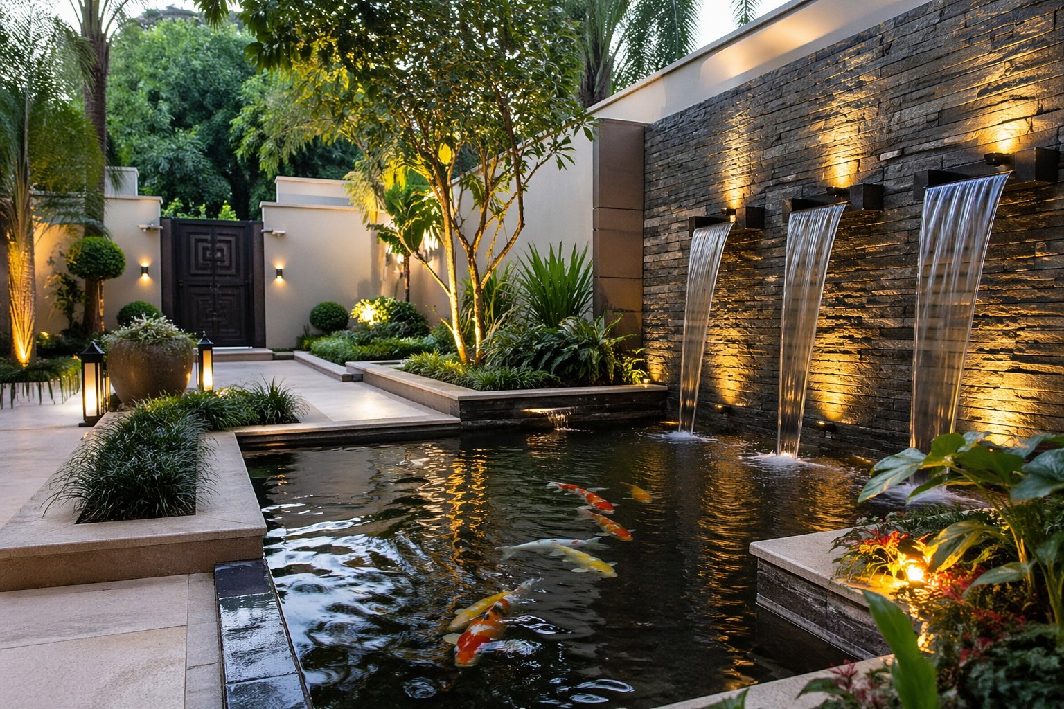Luxury koi pond with waterfall feature wall, stacked stone cladding, and up-lighting — Aalis Studios Kenya