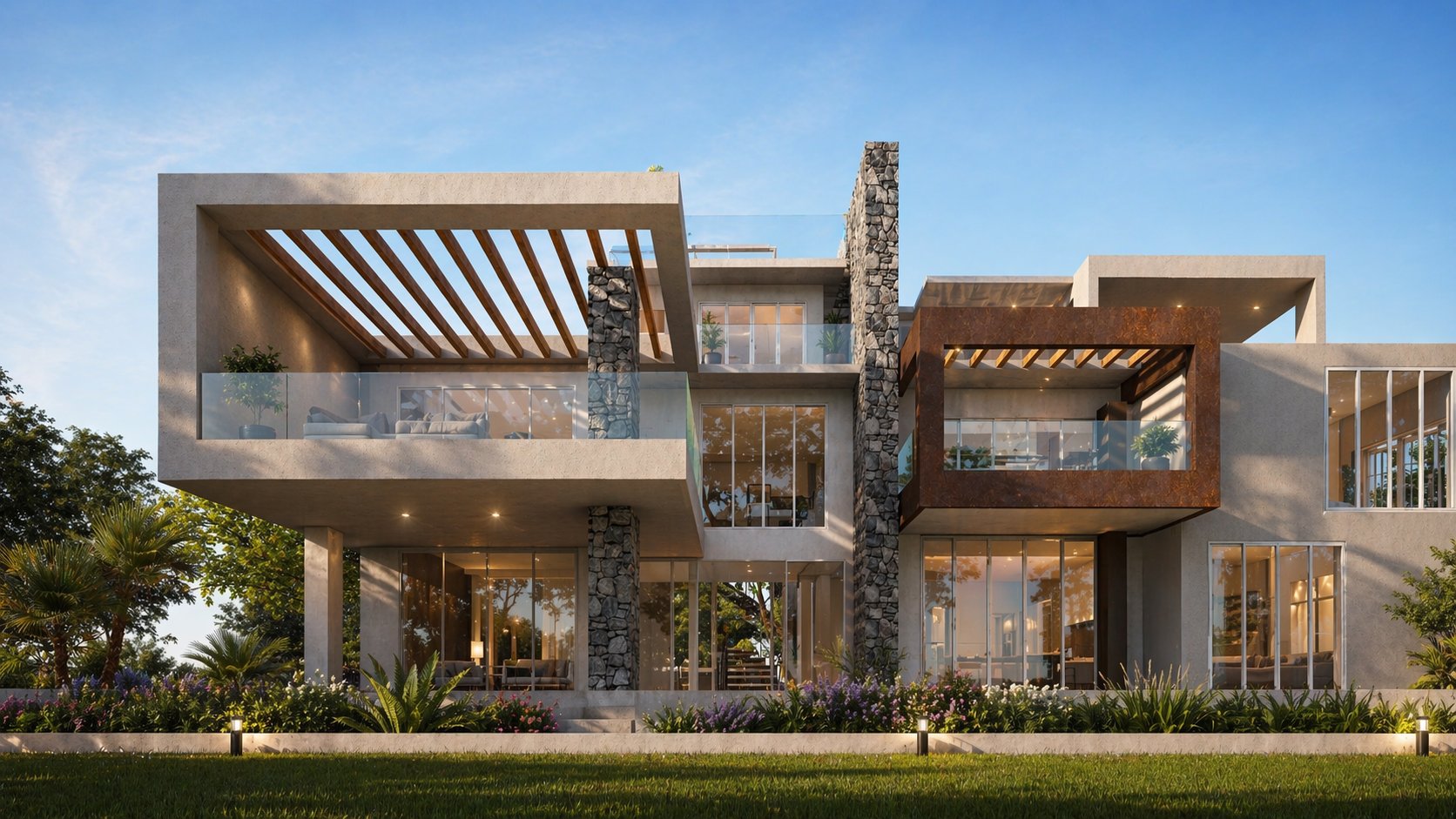 Aalis Studios luxury mansion design Muthaiga Nairobi — dramatic evening view of the Waterfall Estate: infinity pool, circular sunken fire-pit lounge island, cascading waterfall features, and full-height illuminated stone and glass rear facade