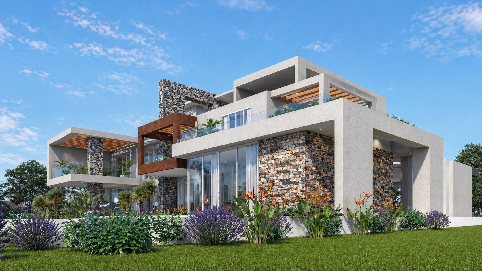 Aalis Studios luxury modern house design Kenya 2026 — daytime 3D architectural render showing stone cladding, corten steel frames, cantilevered balconies and tropical landscaping