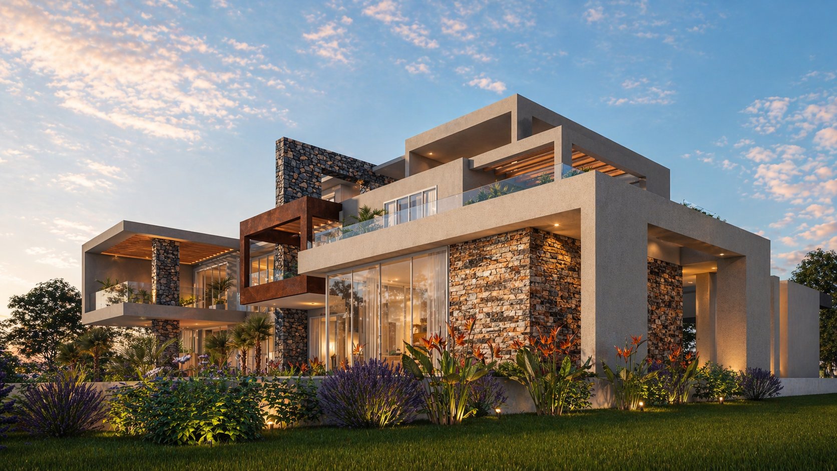 Aalis Studios luxury house Kenya — evening 3D render: stone cladding, corten steel frames, cantilevered balconies and tropical garden lighting at dusk