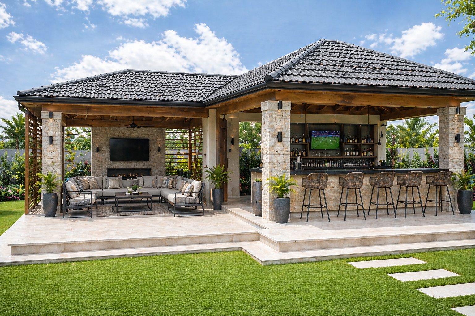 Luxury tile-roof outdoor bar and TV lounge with stone columns — Aalis Studios Kenya